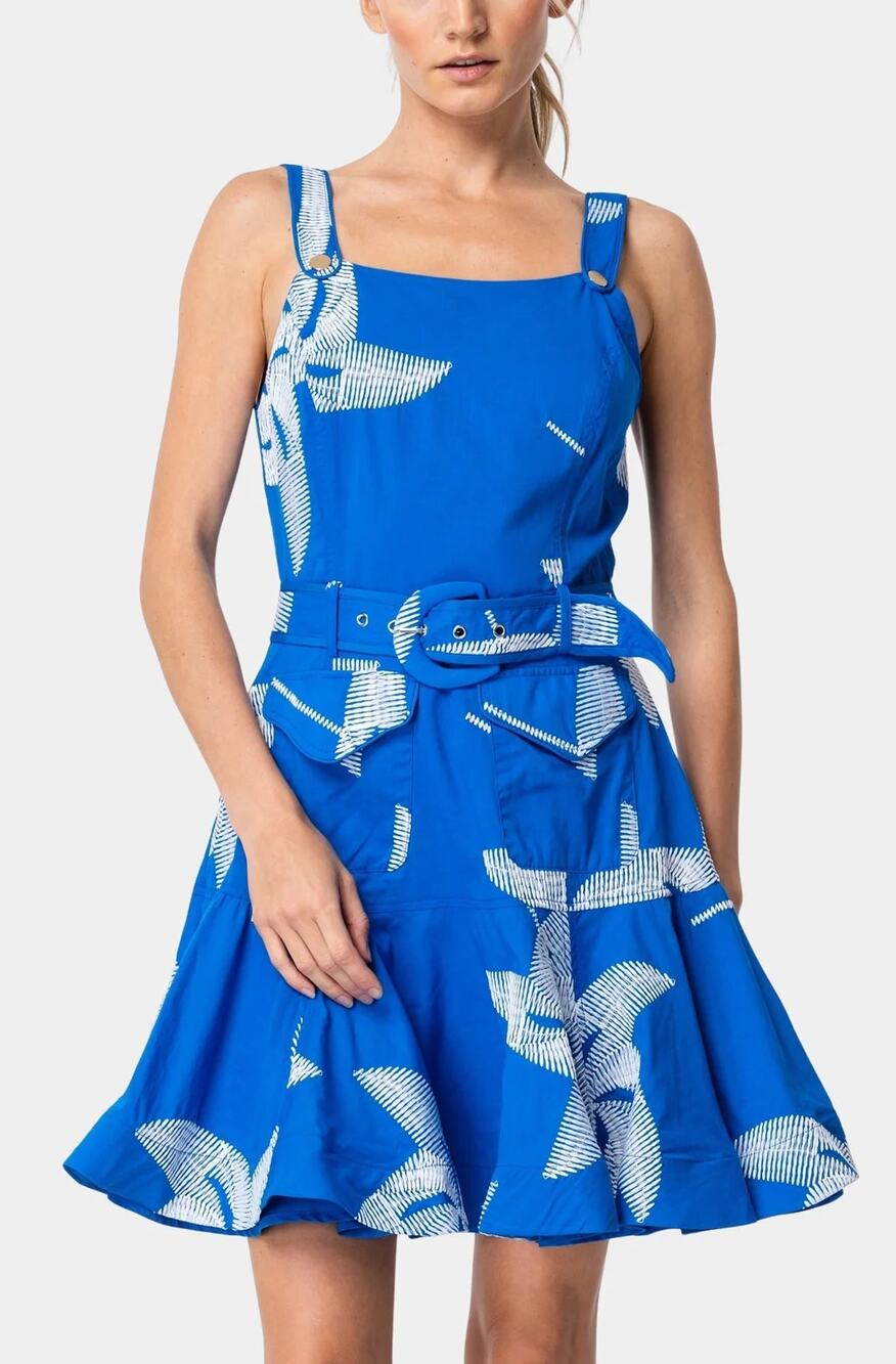 CIEBON Alivia Embroidered Pinwheel Belted Fit & Flare Mini Dress Blue White S